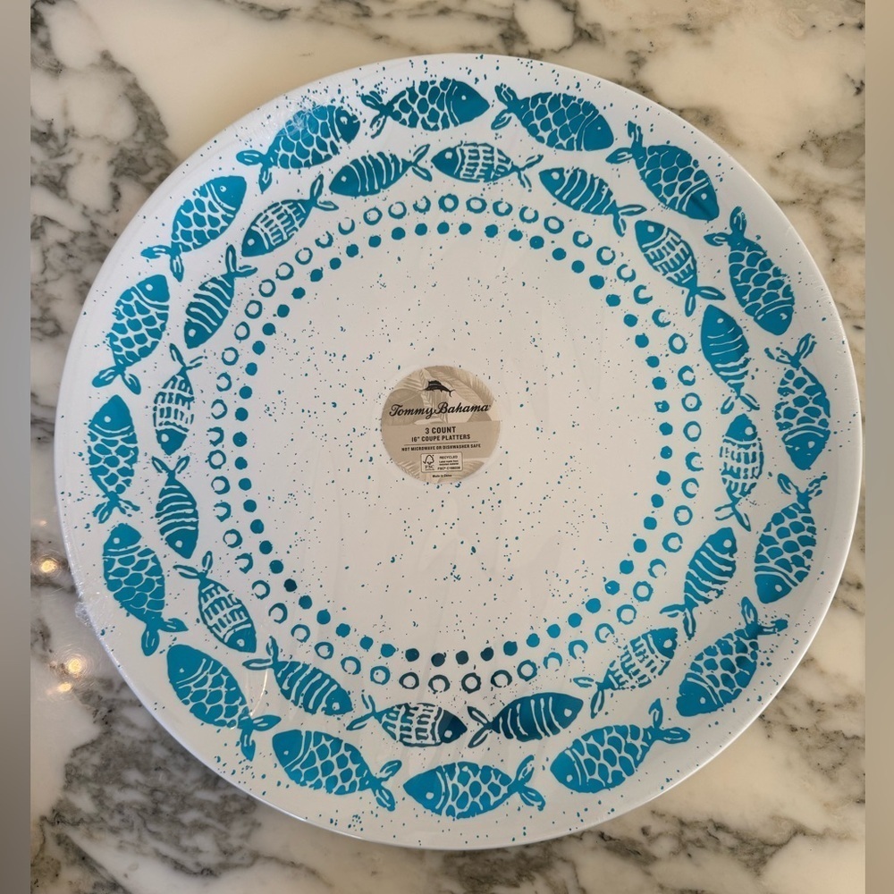 Three Tommy Bahama 16” plastic blue fish serving platters orig wrap great gift